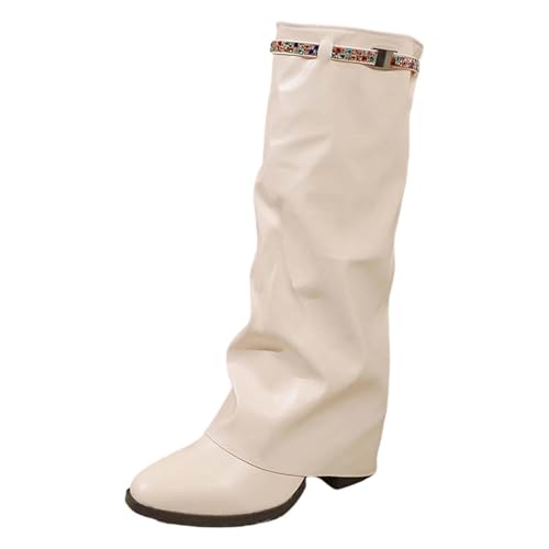 Bottes à talons hauts plissées style britannique col roulé femme strass
