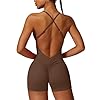 Ecupper Womens Backless Workout Jumpsuits One Piece Sleeveless Gym Rompers Bodycon Tummy Control Scrunch Shorts Yoga Bodysuit Dark Brown M