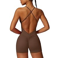 Ecupper Womens Backless Workout Jumpsuits One Piece Sleeveless Gym Rompers Bodycon Tummy Control Scrunch Shorts Yoga Bodysuit Dark Brown M