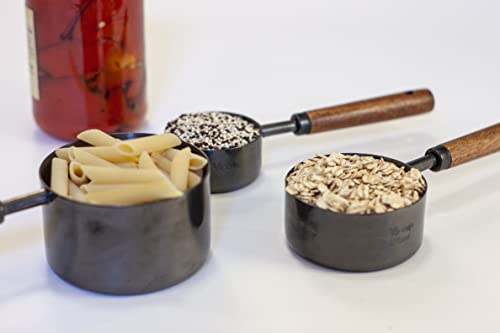 Measuring Cup And Spoons 8 Piece Professional Set, Wood Walnut Handle Metal Polished Stainless Steel, Polished Titanium Black Finish, For Dry & Liquid Measuring In Home Kitchen Cooking & Baking #TOP2