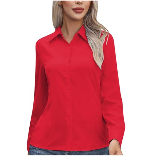 Long Sleeve T Shirt Women, Womens Red Button Down Shirts Business Casual Lapel Long Sleeve Tops Ladies Plus Size Plain Work Office Blouses 2025 : Sports & Outdoors