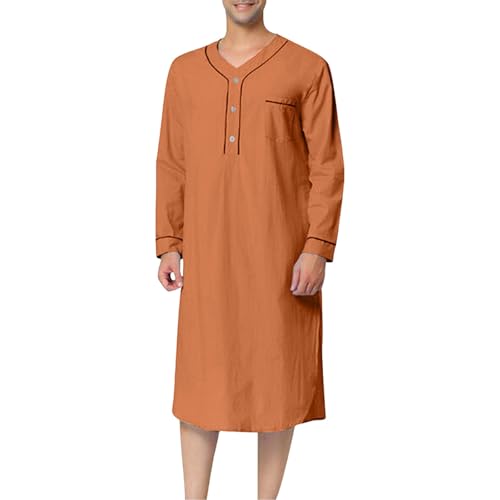 Mens Kaftan Thobe V Neck Long Sleeve Muslim Midi Dress Robe Button down Big and Tall Arabia Thobe with Pockets Dubai Solid Color Arabic Eid Loose Fit Casual Jubba Abaya