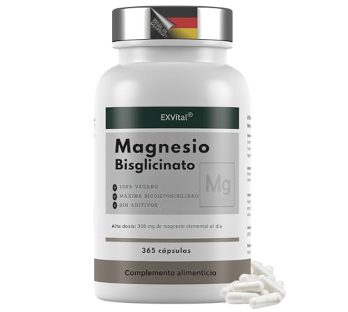 Bisglicinato de magnesio, 365 cápsulas veganas – 300 mg de magnesioelemental por dosis diaria, glicinato de magnesio, alta dosis y sin aditivos