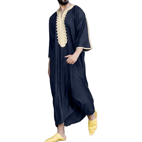 Rrongwn Vestidos musulmanes para hombre túnica de manga larga islámica de algodón de lino vestido árabe islámico traje árabe islámico trajes ramadán vestido, marine, XXL
