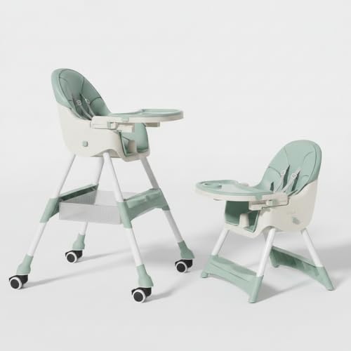 Image of Mealtime Plus Baby High Chair for Feeding, Adjustable Height, Double Food Tray, Seat Cushion, Storage Bag & Lockable Wheels, Foldable Feeding Chair for Babies & Toddlers, Teal