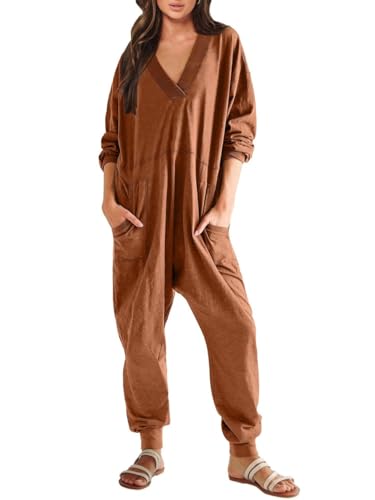 Haibang Dam Långärmad V-hals Casual Oversize Jumpsuit Loose Fit Romper Bekväm One Piece Lounge One-Piece Pyjamas Outfit Med Fickor, Tegel röd, S