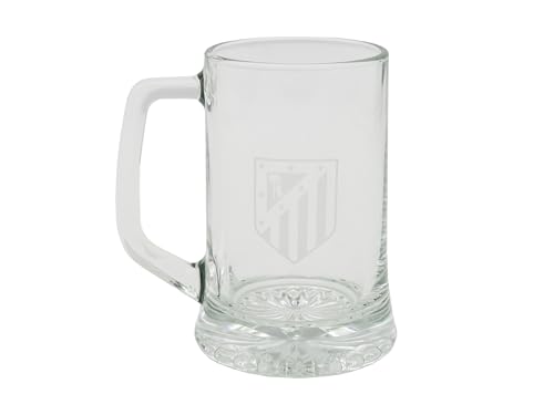 CyP Brands - Atlético de Madrid, Boccale da birra, Vetro, Grande capacità 280 ml, Manico comodo, Lavabile in lavastoviglie e adatto al microonde, Trasparente