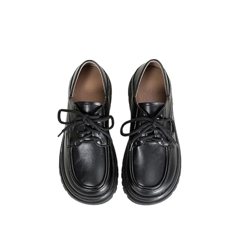 Women's Leather Chunky Platform Oxfords Fashion Wide Round Toe Platform Lace-Up Brogues Dress Shoe for Daily Work Shoes