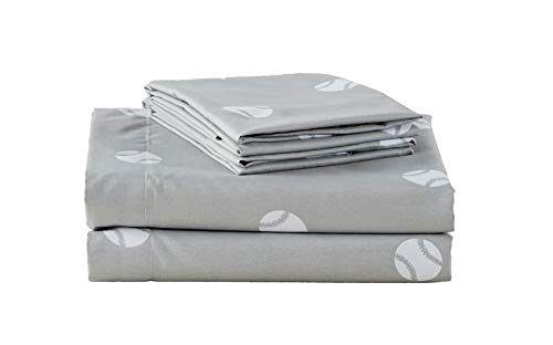 Chezmoi Collection 4-Piece Kids/Teens Sports Sheet Set - Soft Microfiber Gray White Baseball Full Size