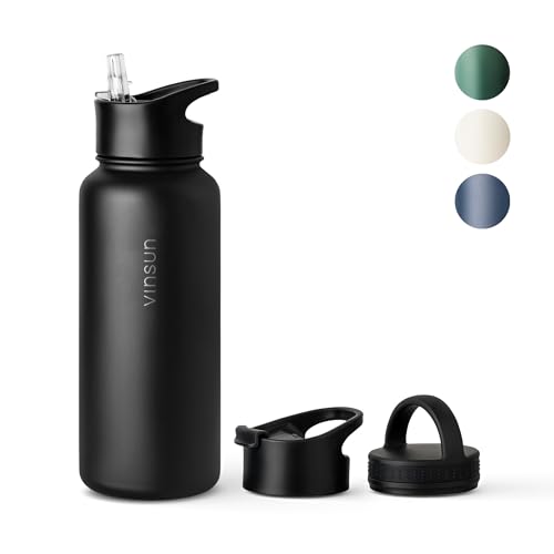 Vinsun Thermosflasche schwarz 1L - auslaufsicher, Kohlensäure geeignet, BPA frei - Strohhalm, Trinköffnung - isolierte Trinkflasche Edelstahl für Sport, Schule, Fahrrad, Büro, Camping