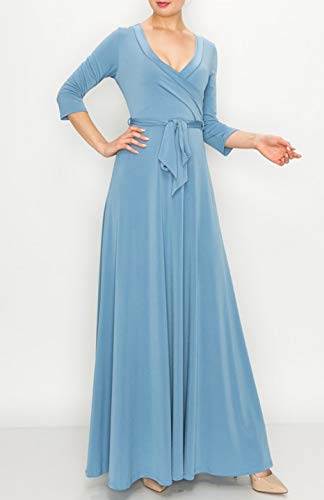 Image of Women's 3 /4 Sleeve Deep V-Neck Maxi Faux Wrap Solid Plus Size Dress