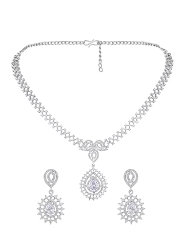 Image of ASMITTA Cubic Zirconia CZ Studded Rhodium Plated Necklace Set | Jewelery for Women Girls Ladies | Wedding Party Festive A-NS073