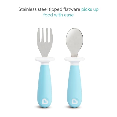 Munchkin® Raise™ Toddler Fork and Spoon Utensil Set, Rest Keeps Tip Off Table, BPA Free, 4 Pack, Blue/Green