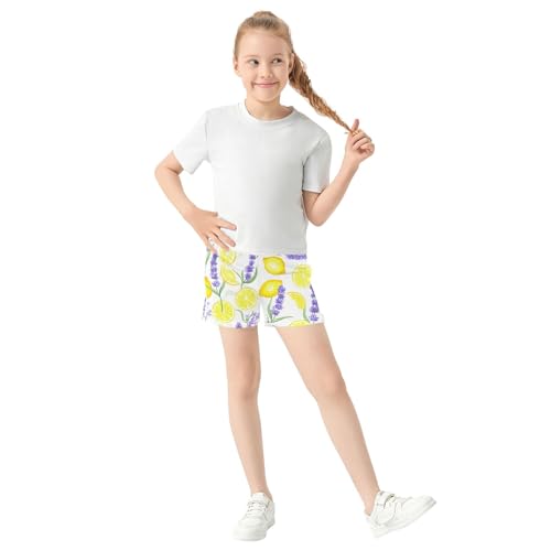 Girls Athletic Lounge Shorts Purple Lavender Lemon Yellow Print Youth Summer Trendy Pajama Activewear, X-Small2