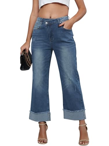 Genleck Wide Leg Cropped Jeans for Women Trendy High Waisted Crossover Boyfriend Jeans Mom Baggy Stretchy Denim