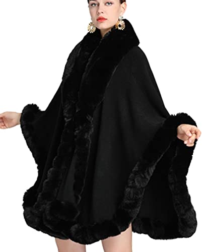Women Open Front Faux Rabbit Fur Collar Poncho Cape Large Knitted Cardigan Shawl Coat Winter Warm Cape Cloak