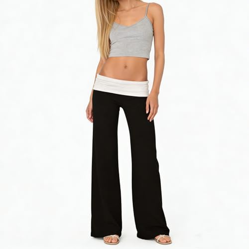 Image of Lounge Yoga Pants for Women Fold Over Low Waist Wide Leg Bell Bottoms | Y2K Foldover Pants, Flare Leggings, Low Rise Yoga Sweatpants