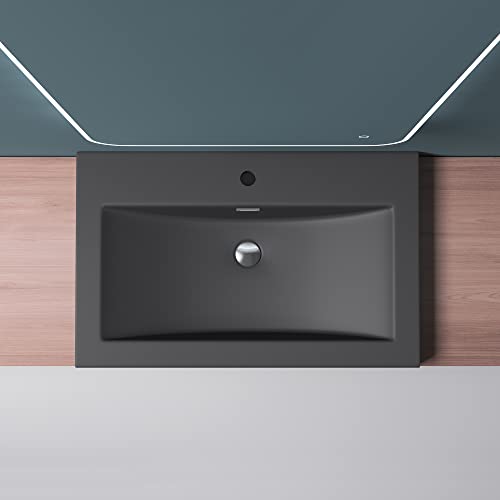 Mai & Mai Waschbecken Einbauwaschbecken Waschschale Waschtisch Mineralguss Matt Anthrazit 1 Armaturenloch Überlauf-Funktion Breite: 76,5cm Col01