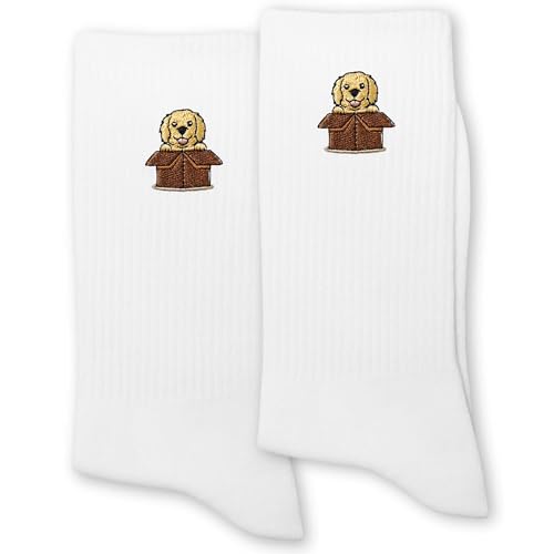 ERMCDFHC Golden Retriever Socks for Women or Men - Cute Golden in Box Design Retriever Dog Embroidery White Crew Socks.(003)