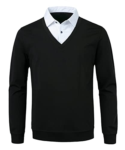 yukirtiq Hombre 2 in 1 Suéter de Jersey con Cuello en V Manga Larga Otoño Invierno Slim-Fit Sudadera Basico Pullover para Vestir Punto Fino Cover