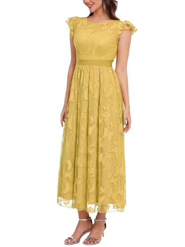 Image of Women's Casual Tulle Midi Dress Ruffle Sleeve Crewneck Lace Flowy Dresses Party Wedding Guest Sundress