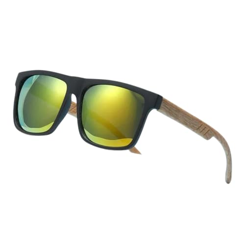 Gyios Gafas de Sol Madera Bambú para Hombres Y Mujeres, con Montura Cuadrada Vintage Viajes, Playa Uso Diario Elegante-Negro (Amarillo)