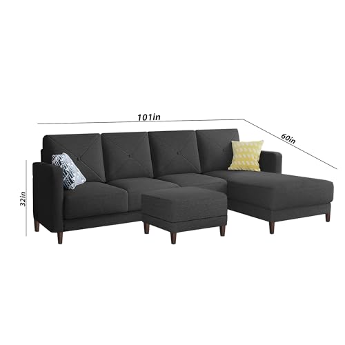 Image of Baloney RHS 6 Seater L Shape Sofa Set with Center Table for Living Room (Black Fabric) Premium Fabric Sofa
