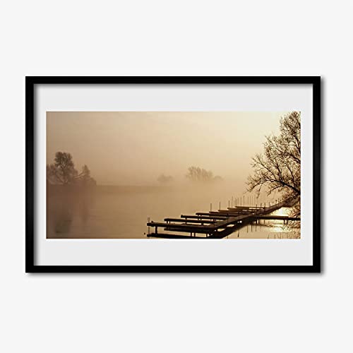 Affiche encadrée salon chambre 60x40 cadre MDF image paysage pont brouillard d'eau