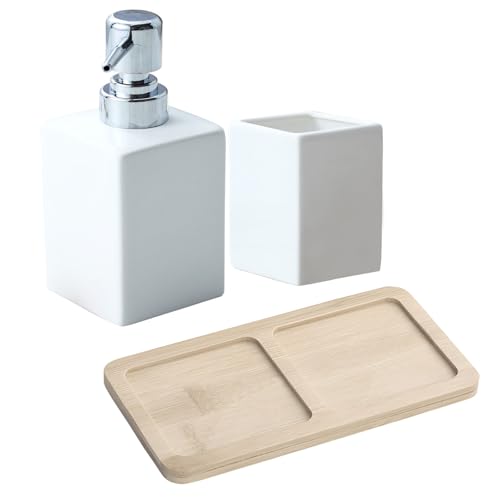 Weißes Badezimmer-Zubehör-Set, 3-teiliges Keramik-Badezimmer-Set, luxuriöses Badezimmerzubehör, inklusive 320 ml Flüssigseifenspender, Badezimmerbecher, Holztablett, Badzubehör-Set, Badezimmer-Dekor