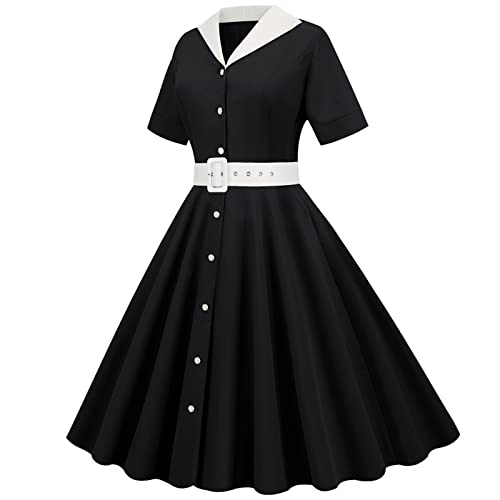 Audrey-Kleid für Damen, klassisch, Vintage-Stil, Matrosen-Knopfleiste, kurzärmelig, 1950er-Jahre-Retro-Swing-Partykleid, Schwarz , Small