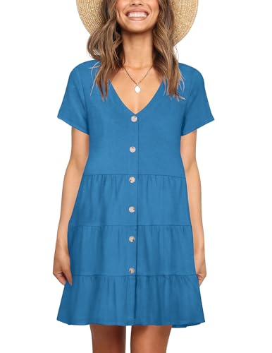 Image of Nova In Sky Women's Summer Dresses 2026 Short Sleeve V-Neck Casual Loose Swing Button Down Casual T Shirt Dresses