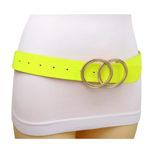 Generic Women Neon Yellow Fashion Belt - Hip High Waist Bright Band Gold Circle Metal Buckle M L z0634