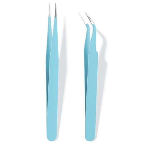 Sticker Tweezers 2 Pcs Craft Tweezers Scrapbooking Tools Precision Tweezer Blue Cute Crafting Tweezer for Stickers Lashes Electronics Scrapbooking (Light Blue)