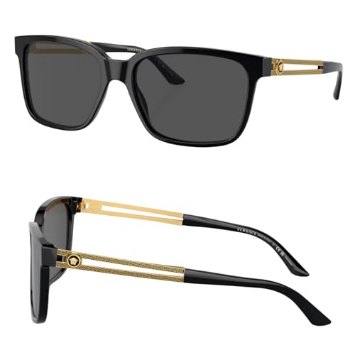 Versace VE4307 58mm Non-Polarized Square Sunglasses for Men – Black Acetate Frame with Black & Gold Temples, 100% UV Protection, Lightweight & Comfortable Sunglasses, eShades Eyewear Kit Included