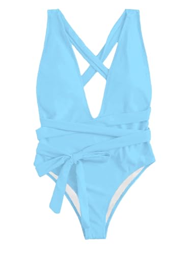 Image of Lilosy Sexy Tie Criss Cross Plunge One Piece Thong Swimsuit High Cut Brazilian Bathing Suit