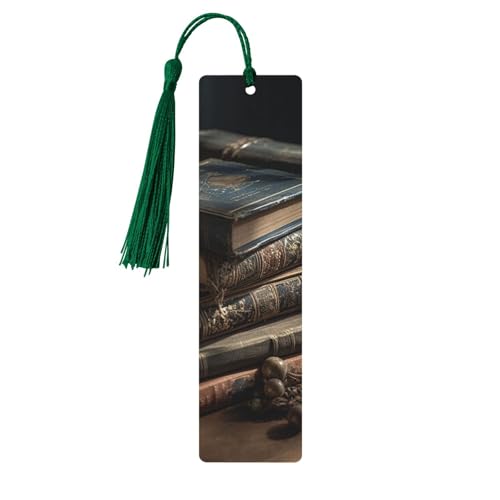 しおり 木製しおり 穴とタッセル付き 木製タグ 古書の積み重ね 木製クラフト しおり ヴィンテージ しおり オーナメント 木製ブックマーク 女性用 男性 本好きの方へのギフトに ダークグリーン