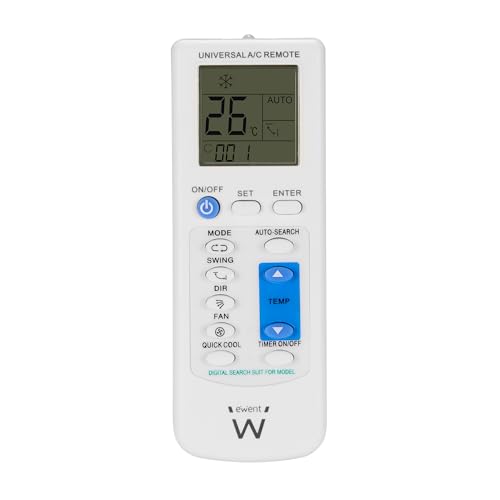 Ewent Mando a Distancia Universal Aire Acondicionado con Soporte de Pared, Compatible con 1000+Modelos Daikin LG Samsung Mitsubishi Panasonic, Pantalla LCD Retroiluminada, Temporizador y Control Total