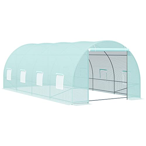 Outsunny 20' x 10' x 7' Walk-in Tunnel Greenhouse with Zippered Door & 8 Mesh Windows, Large Garden Green House Kit, Galvanized Steel Frame, Green