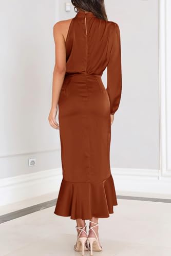 MITILLY Women's Satin Formal One-Shoulder Mock Neck Long Sleeve Bodycon Wrap Mermaid Hem Cocktail Party Maxi Dress New3