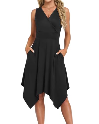 AUSELILY Black Dresses for Women Sleeveless V Neck Wrap Asymmetrical Hem Summer Mini Dress with...