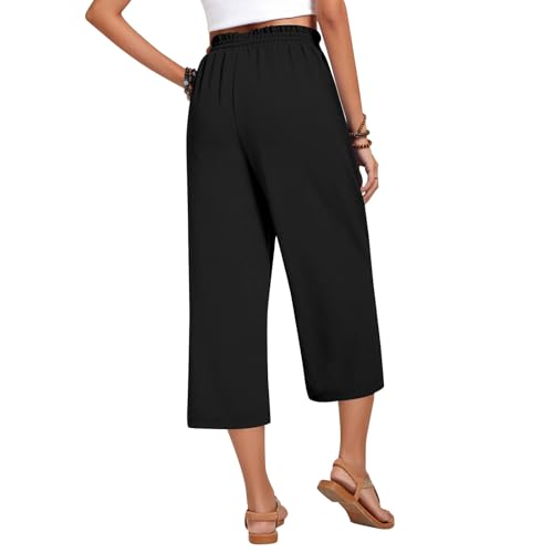 Linen Capri Pants for Women Summer Flowy Wide Leg Capris Pants Elastic High Waist Boho Beach Lounge Pant with Pockets2