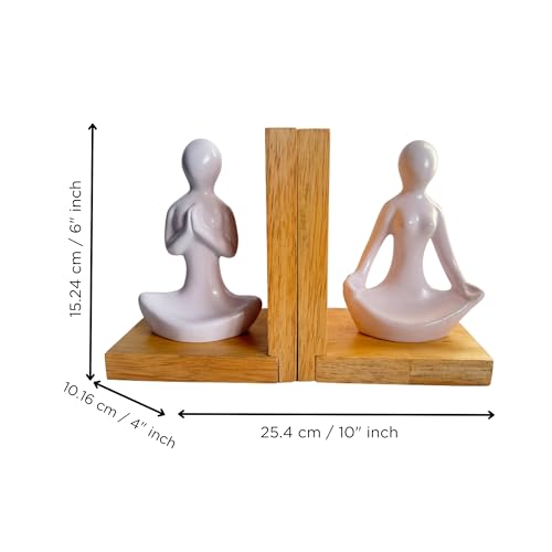 Image of eCraftIndia Wooden Book End and Yoga Lady Statues Decorative Showpiece for Home Decor in Living Room Office