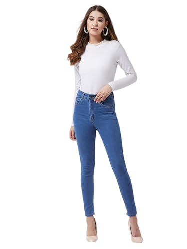 Image of Miss Chase Women's Skinny High Rise Cropped Fringed Hemline Detailing Stretchable Denim Jeans