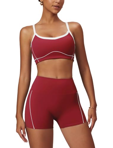 OMEWEE Yoga sets for women 2 piece Fashion contrasting lines Sports Bra and Tummy Control Butt-lifting Shorts red S