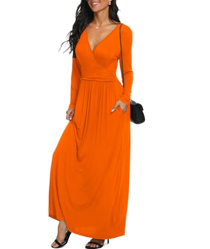 Image of LILBETTER Women Long Sleeve Deep V Neck Loose Plain Long Maxi Casual Dress