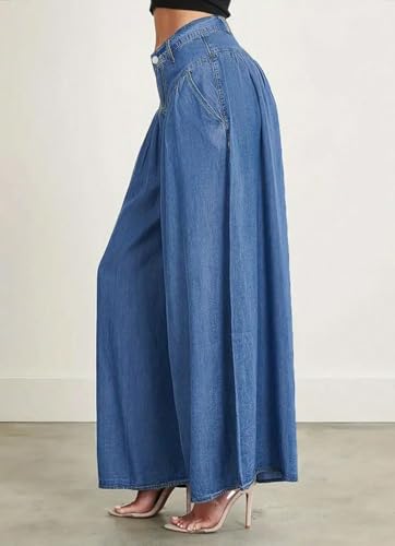 chouyatou Women's Boyfriend Flare Wide Leg Denim Pants Baggy High Waist Pleated Ruffle Culotte Jeans2