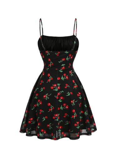 SweatyRocks Girl's Cherry Print Flared Dress High Waist Ruched Ruffle Hem Mesh Cami Dress2