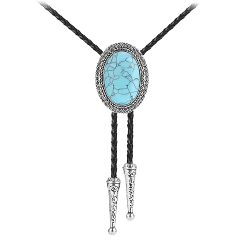 Image of AZORA Western Cowboy Bolo Tie Men Leather Necktie Leather Cord Turquoise Stone Bolo Ties for Men Women