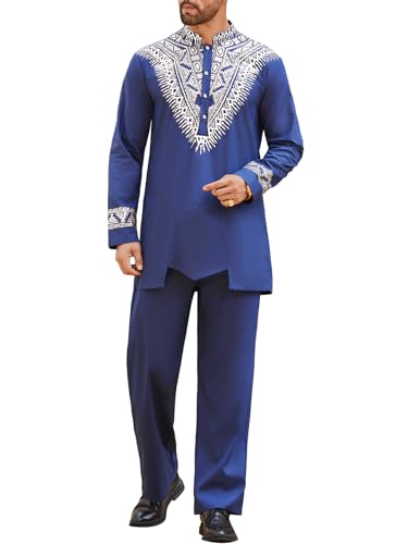 Pacinoble Mens African 2 Piece Set Metallic Traditional Suit Floral Printed Mens African Dashiki Shirt and Pants Outfit
