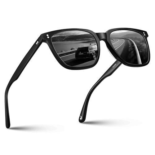CARFIA Acetate Polarized Sunglasses for Men UV400 Protection Classic Retro Square Shades Driving Glasses, A2. Black Frame Grey Lens, one sise